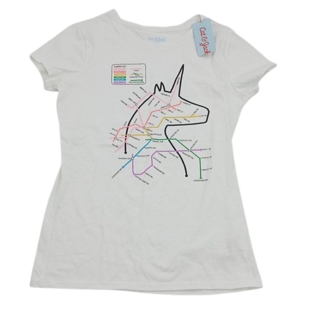 Cat & Jack Girls Size M Unicorn Graphic T Shirt White Short Sleeve Casual Tee